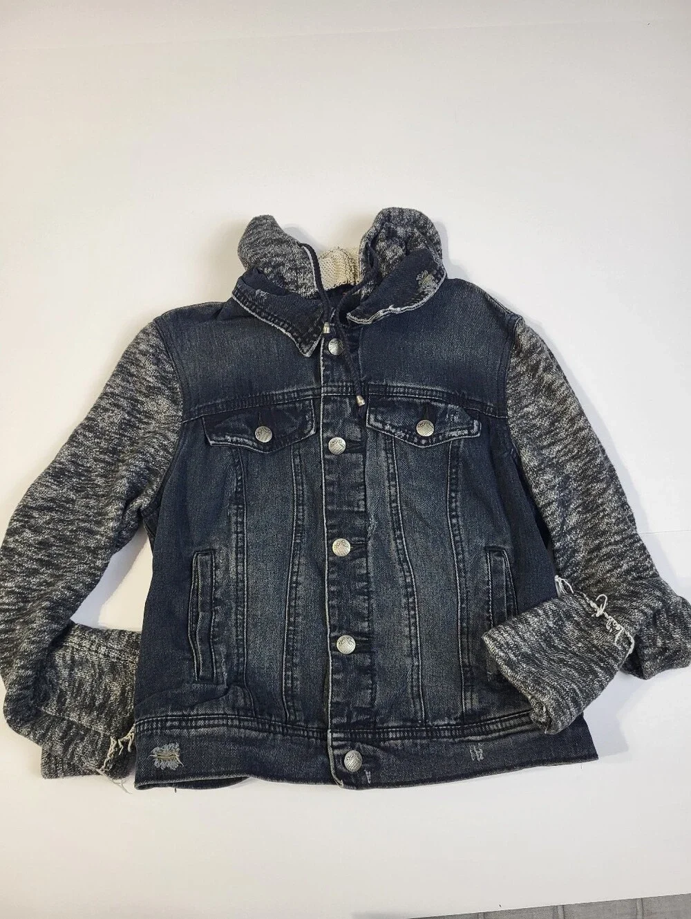 Free People Distressed Black Denim Mixed Knit Jacket Hoodie Boho Punk Small